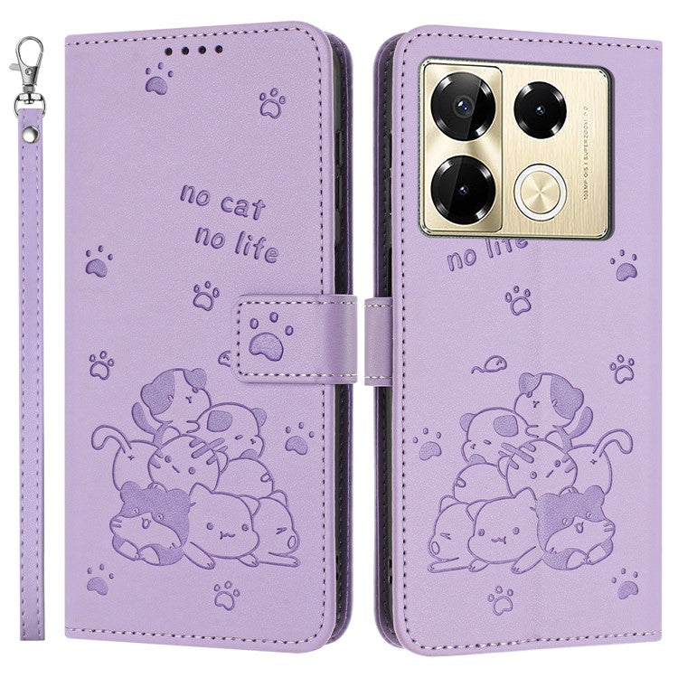 Wallet Phone Case For Infinix Note 40 Pro 4G  /  5G  /  40 Pro+ with Strap Cats Imprint Leather Cover - Purple