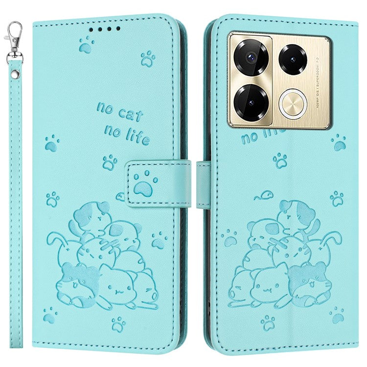 Wallet Phone Case For Infinix Note 40 Pro 4G  /  5G  /  40 Pro+ with Strap Cats Imprint Leather Cover - Green