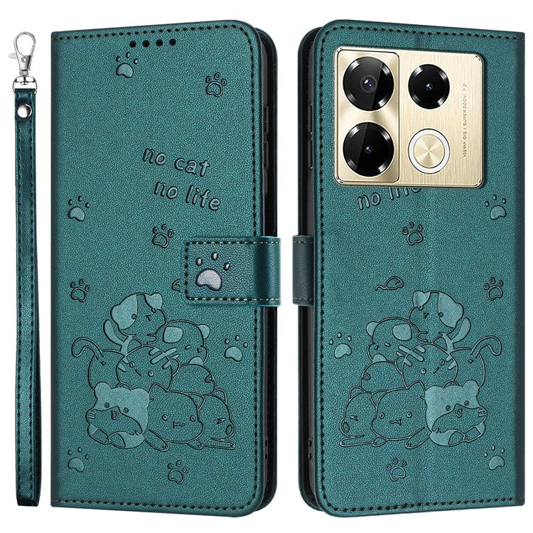 Wallet Phone Case For Infinix Note 40 Pro 4G  /  5G  /  40 Pro+ with Strap Cats Imprint Leather Cover - Blackish Green