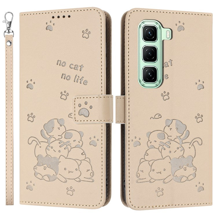 For Infinix Hot 50 4G Case with Strap Cats Imprint Leather Wallet Phone Cover - Beige