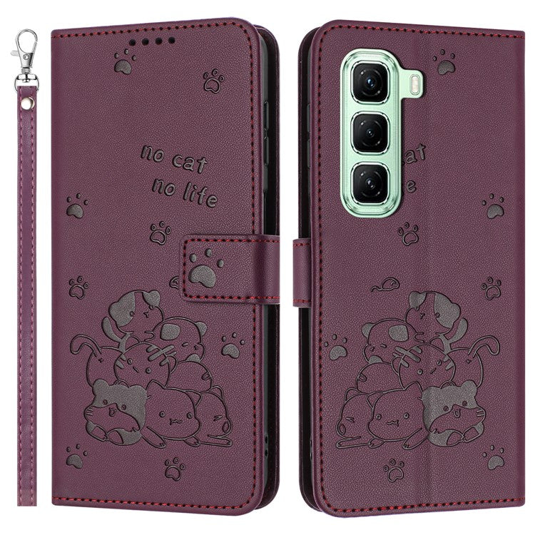 For Infinix Hot 50 4G Case with Strap Cats Imprint Leather Wallet Phone Cover - Wine Red