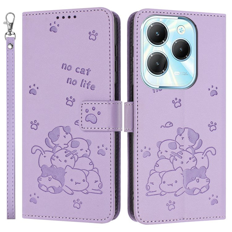 Phone Case For Infinix Hot 40 Pro  /  Hot 40  /  TECNO Spark 20 Pro with Strap Cats Imprint Leather Cover - Purple