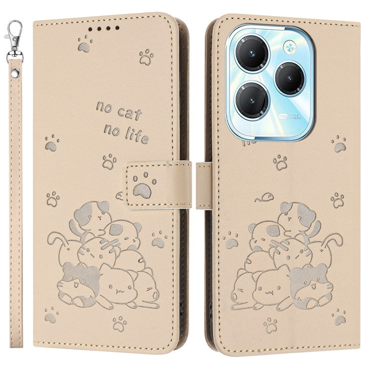 Phone Case For Infinix Hot 40 Pro  /  Hot 40  /  TECNO Spark 20 Pro with Strap Cats Imprint Leather Cover - Beige