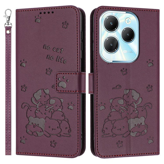 Phone Case For Infinix Hot 40 Pro  /  Hot 40  /  TECNO Spark 20 Pro with Strap Cats Imprint Leather Cover - Wine Red