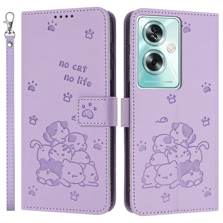 Phone Case For OnePlus Nord N30 SE 5G / Oppo A79 5G / A2 5G with Strap Cats Imprint Leather Cover - Purple