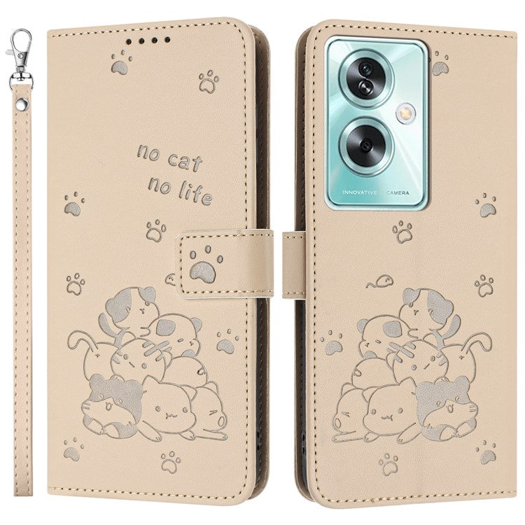 Phone Case For OnePlus Nord N30 SE 5G / Oppo A79 5G / A2 5G with Strap Cats Imprint Leather Cover - Beige