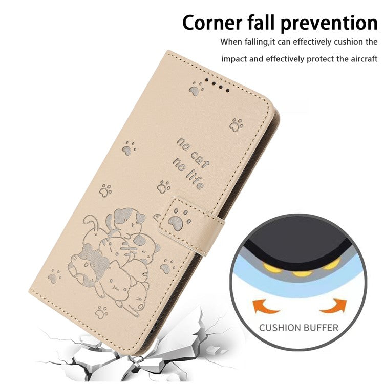 Phone Case For OnePlus Nord N30 SE 5G / Oppo A79 5G / A2 5G with Strap Cats Imprint Leather Cover - Beige