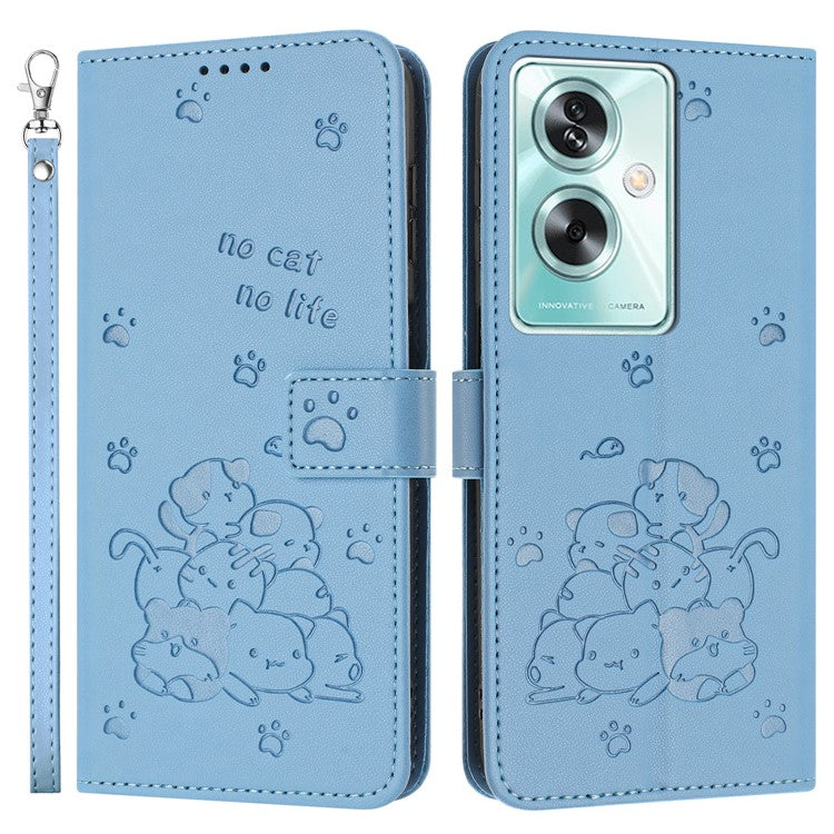 Phone Case For OnePlus Nord N30 SE 5G / Oppo A79 5G / A2 5G with Strap Cats Imprint Leather Cover - Blue