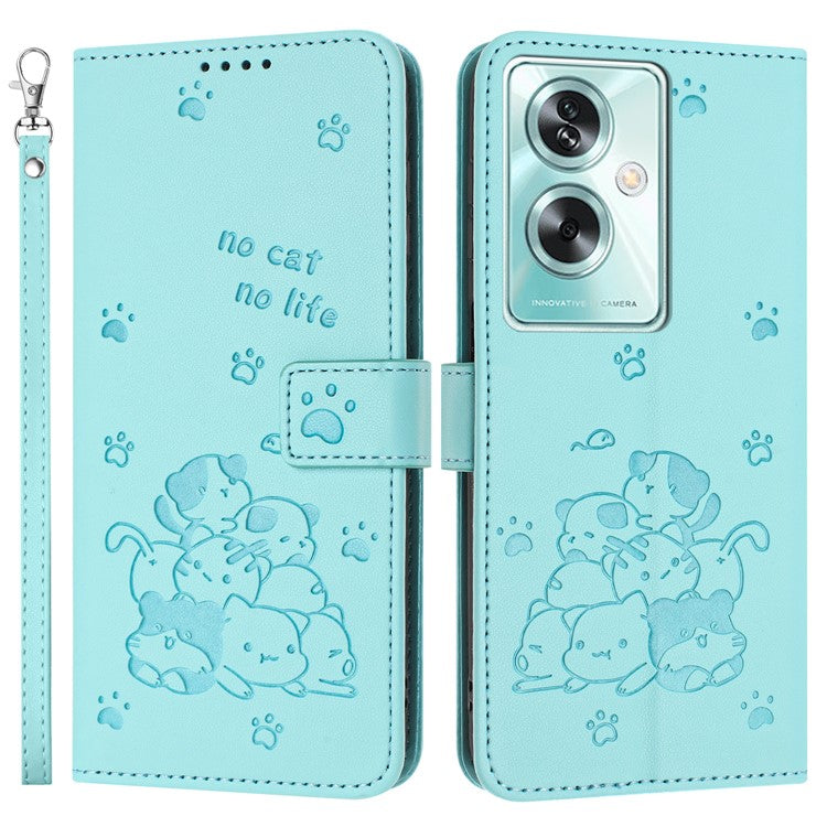 Phone Case For OnePlus Nord N30 SE 5G / Oppo A79 5G / A2 5G with Strap Cats Imprint Leather Cover - Green