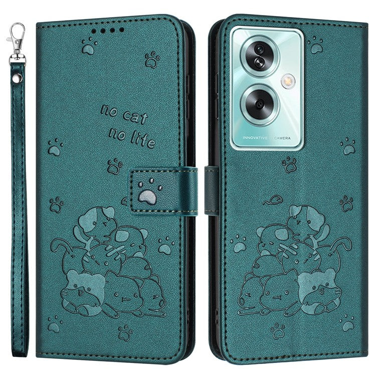 Phone Case For OnePlus Nord N30 SE 5G / Oppo A79 5G / A2 5G with Strap Cats Imprint Leather Cover - Blackish Green