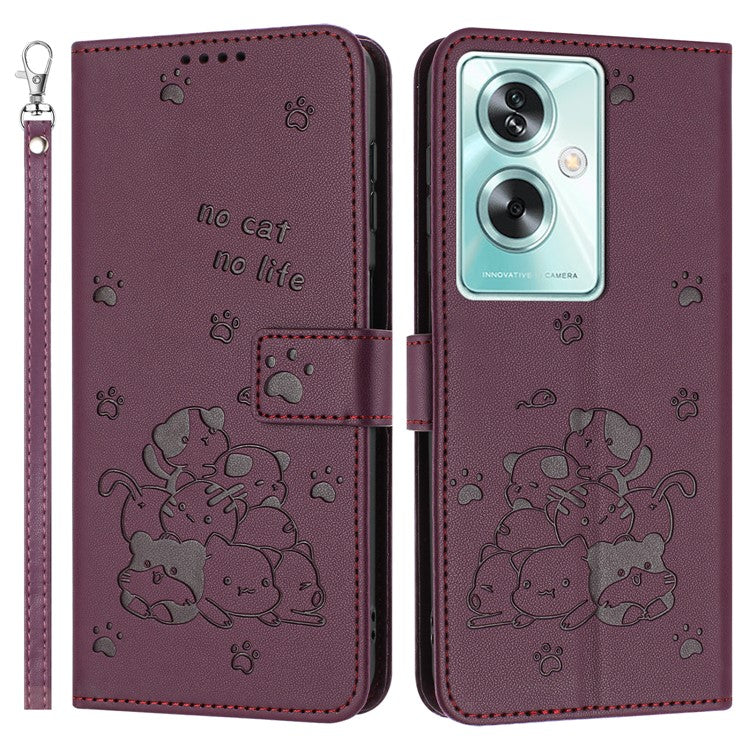 Phone Case For OnePlus Nord N30 SE 5G / Oppo A79 5G / A2 5G with Strap Cats Imprint Leather Cover - Wine Red