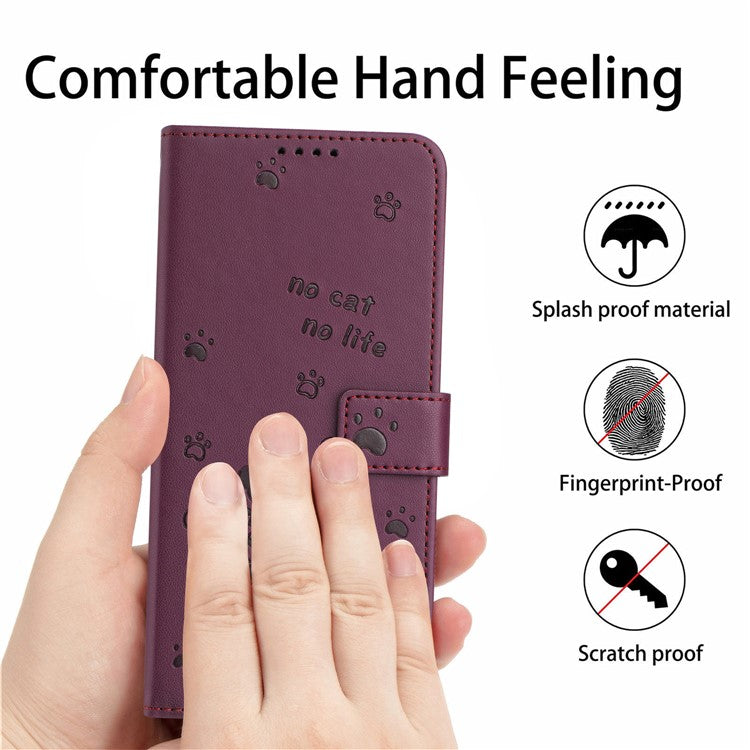 Phone Case For OnePlus Nord N30 SE 5G / Oppo A79 5G / A2 5G with Strap Cats Imprint Leather Cover - Wine Red