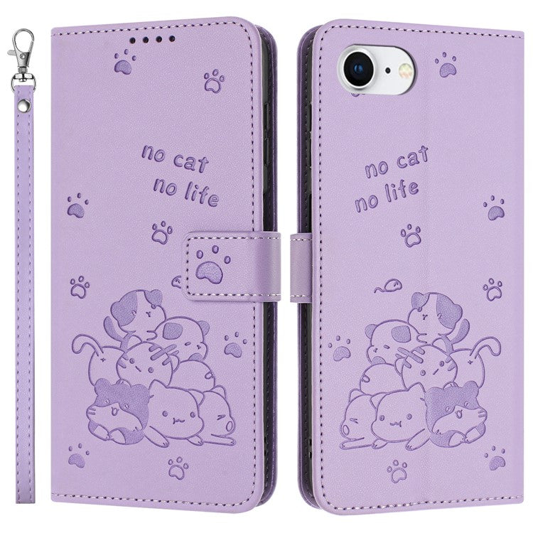 For iPhone 16e Case with Strap Cats Imprint Leather Wallet Phone Cover - Purple