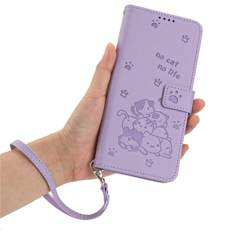 For iPhone 16e Case with Strap Cats Imprint Leather Wallet Phone Cover - Purple