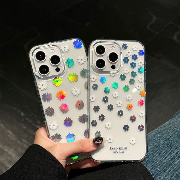 For iPhone 16 Pro Case Laser Flower IMD PC+TPU Clear Phone Cover - Cream Flowers