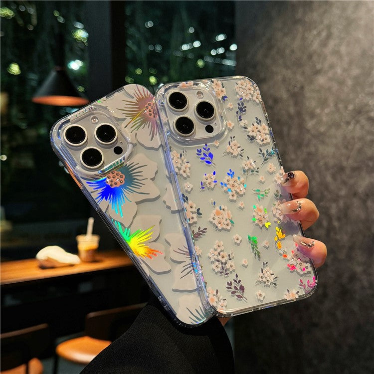 For iPhone 16 Pro Case Laser Flower IMD PC+TPU Clear Phone Cover - Cream Flowers