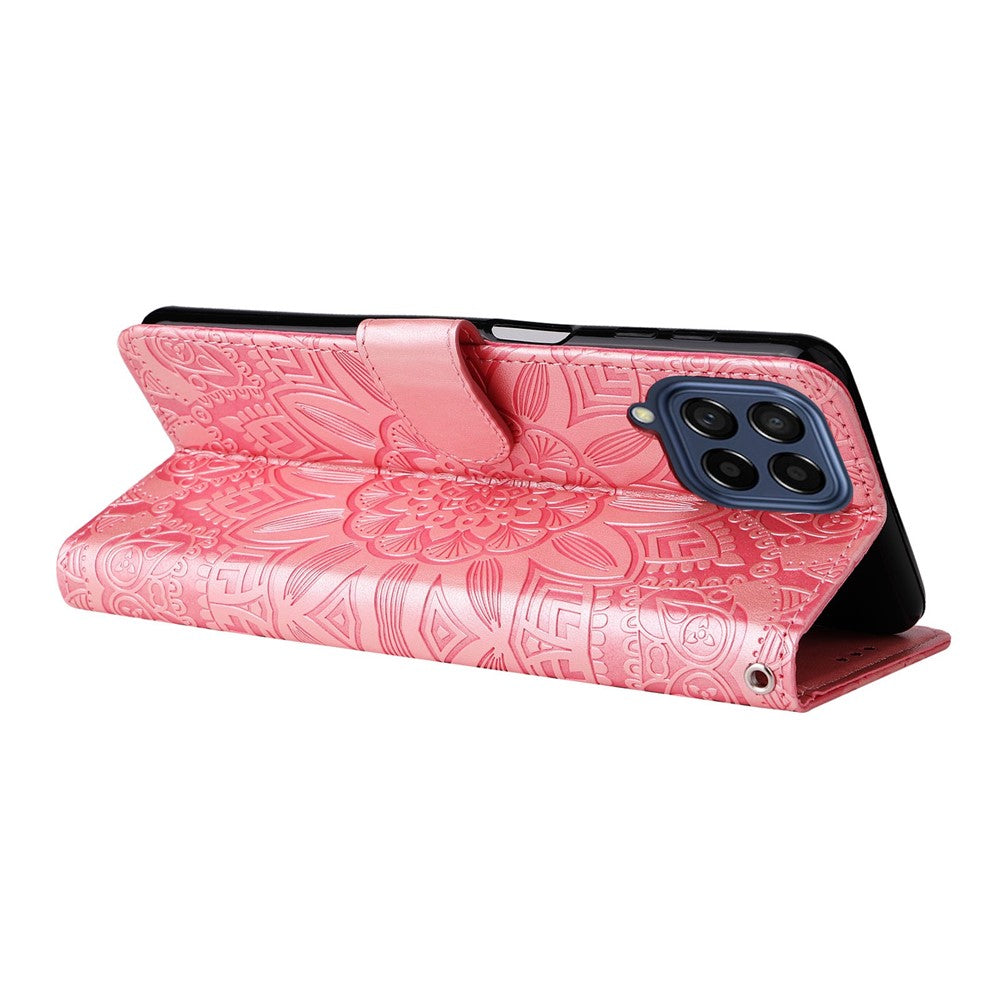 For Samsung Galaxy M53 5G Sunflower Imprinted PU Leather Flip Stand Phone Case Wallet Design Magnetic Closure Inner TPU Anti-Drop Protective Cover with Strap - Pink