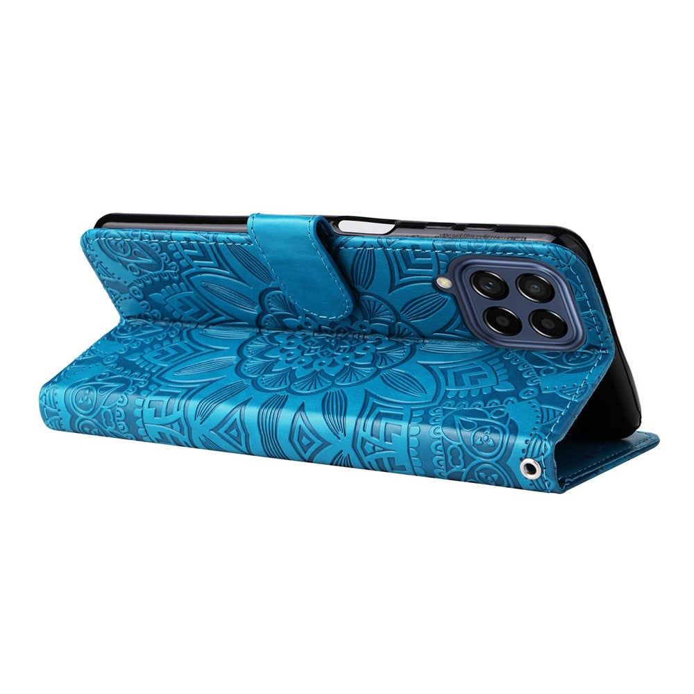 For Samsung Galaxy M53 5G Sunflower Imprinted PU Leather Flip Stand Phone Case Wallet Design Magnetic Closure Inner TPU Anti-Drop Protective Cover with Strap - Blue