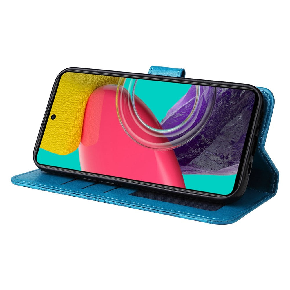 For Samsung Galaxy M53 5G Sunflower Imprinted PU Leather Flip Stand Phone Case Wallet Design Magnetic Closure Inner TPU Anti-Drop Protective Cover with Strap - Blue