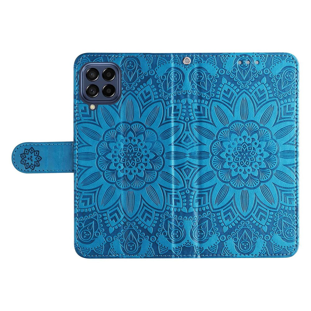 For Samsung Galaxy M53 5G Sunflower Imprinted PU Leather Flip Stand Phone Case Wallet Design Magnetic Closure Inner TPU Anti-Drop Protective Cover with Strap - Blue