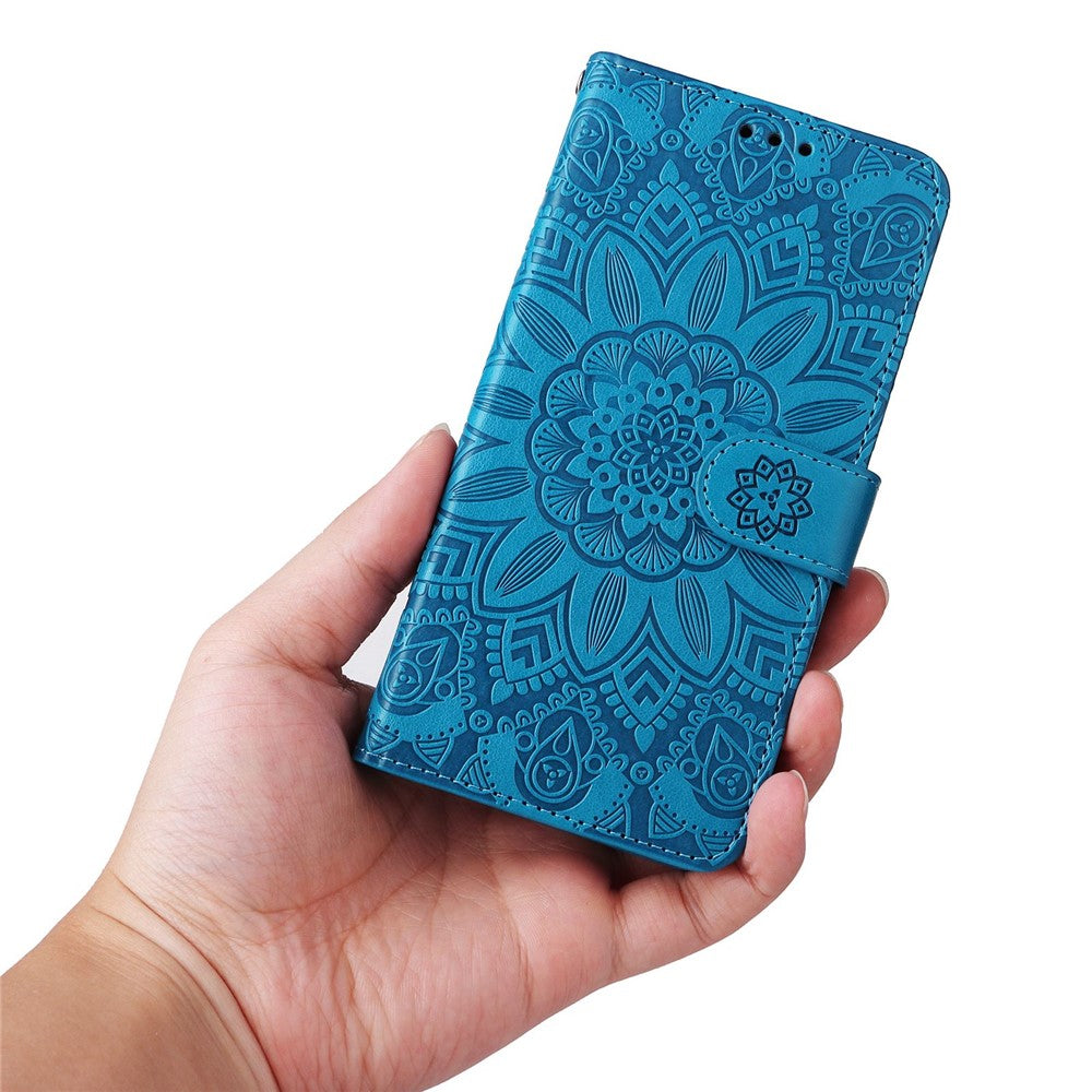 For Samsung Galaxy M53 5G Sunflower Imprinted PU Leather Flip Stand Phone Case Wallet Design Magnetic Closure Inner TPU Anti-Drop Protective Cover with Strap - Blue