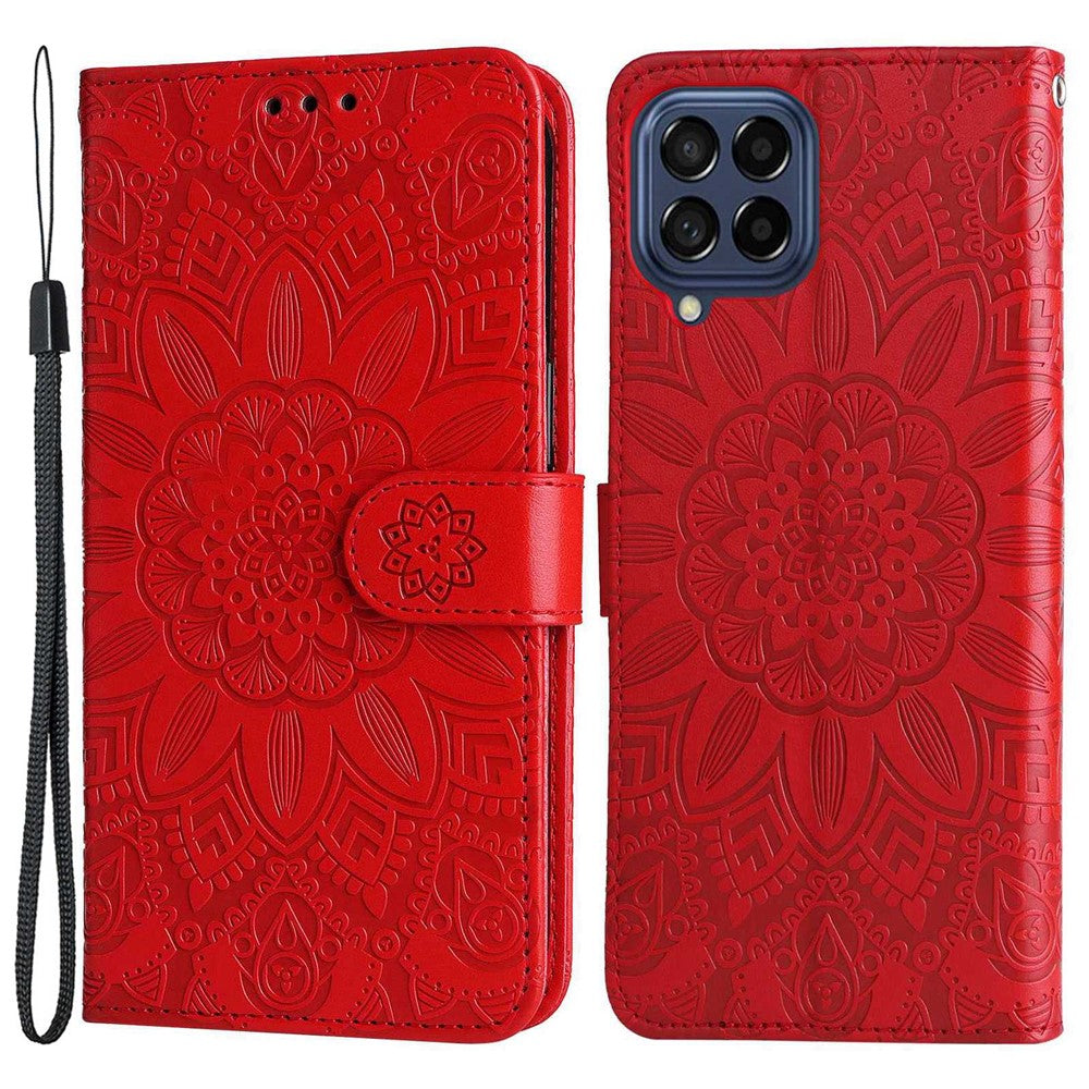 For Samsung Galaxy M53 5G Sunflower Imprinted PU Leather Flip Stand Phone Case Wallet Design Magnetic Closure Inner TPU Anti-Drop Protective Cover with Strap - Red
