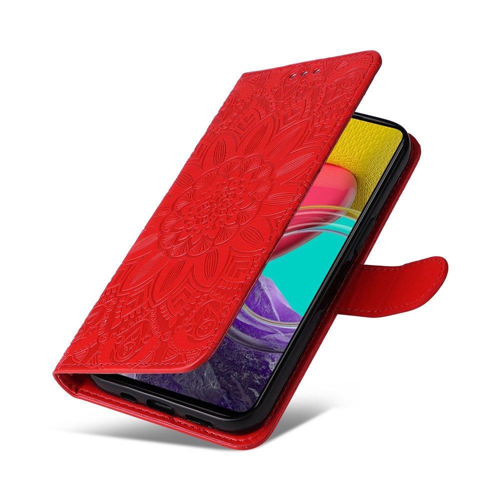 For Samsung Galaxy M53 5G Sunflower Imprinted PU Leather Flip Stand Phone Case Wallet Design Magnetic Closure Inner TPU Anti-Drop Protective Cover with Strap - Red
