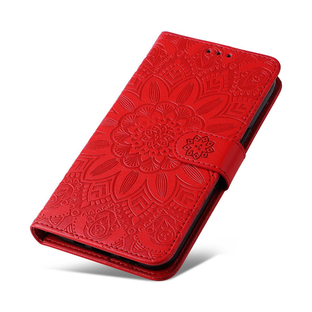 For Samsung Galaxy M53 5G Sunflower Imprinted PU Leather Flip Stand Phone Case Wallet Design Magnetic Closure Inner TPU Anti-Drop Protective Cover with Strap - Red
