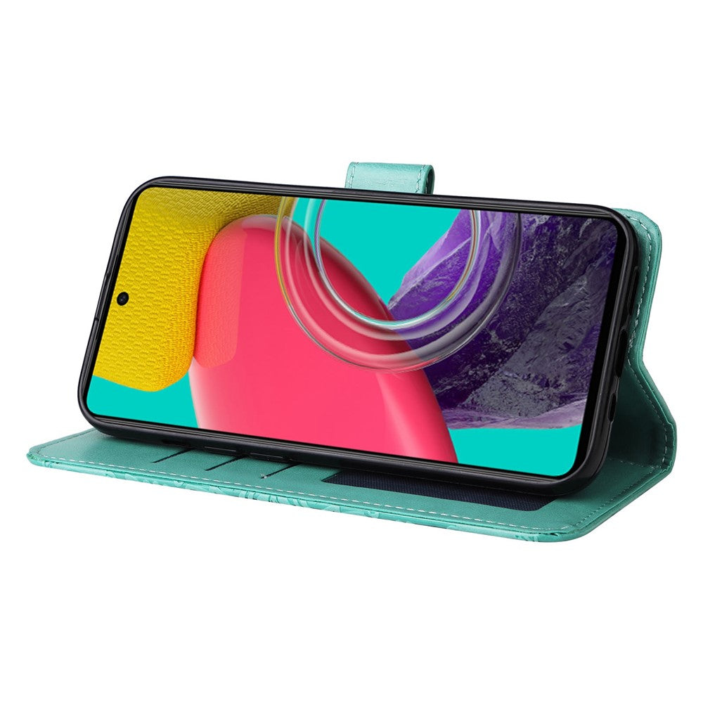For Samsung Galaxy M53 5G Sunflower Imprinted PU Leather Flip Stand Phone Case Wallet Design Magnetic Closure Inner TPU Anti-Drop Protective Cover with Strap - Green