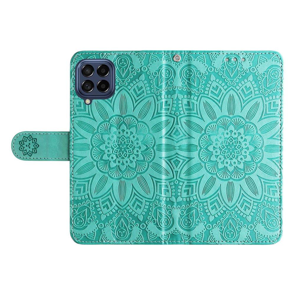 For Samsung Galaxy M53 5G Sunflower Imprinted PU Leather Flip Stand Phone Case Wallet Design Magnetic Closure Inner TPU Anti-Drop Protective Cover with Strap - Green