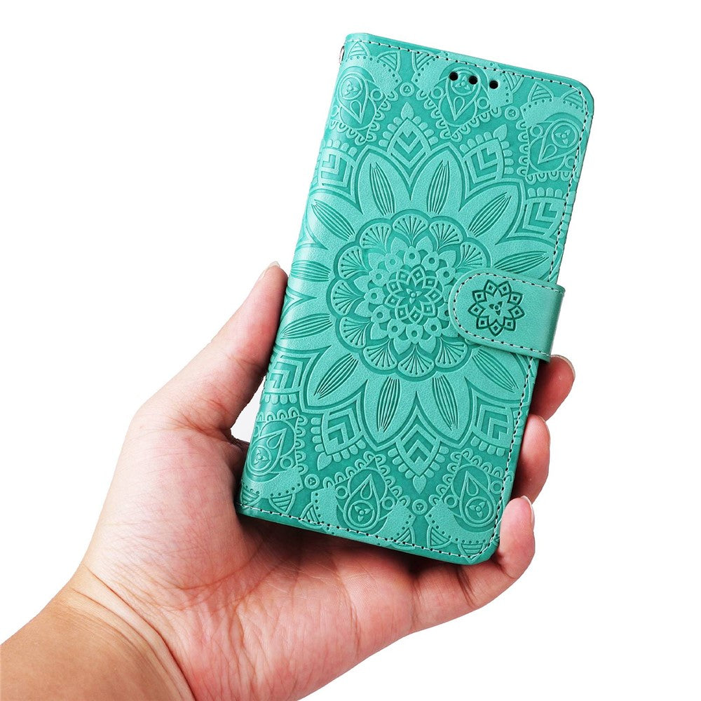 For Samsung Galaxy M53 5G Sunflower Imprinted PU Leather Flip Stand Phone Case Wallet Design Magnetic Closure Inner TPU Anti-Drop Protective Cover with Strap - Green