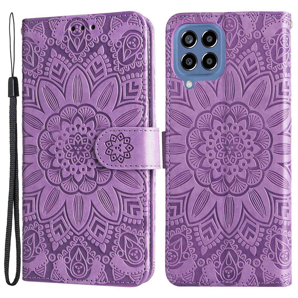 For Samsung Galaxy M33 5G (Global Version) Shockproof PU Leather Phone Case Magnetic Closure Sunflower Imprinted Stand Flip Wallet Cover with Strap - Purple