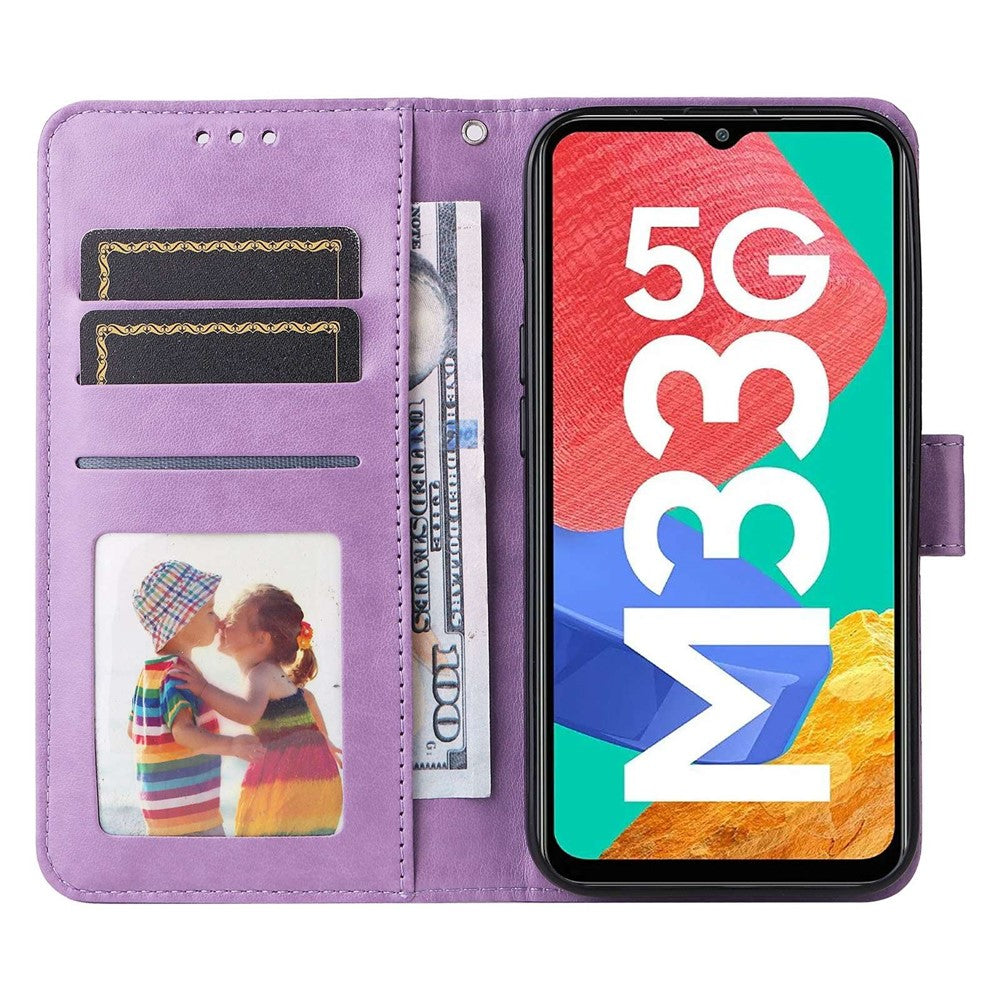 For Samsung Galaxy M33 5G (Global Version) Shockproof PU Leather Phone Case Magnetic Closure Sunflower Imprinted Stand Flip Wallet Cover with Strap - Purple