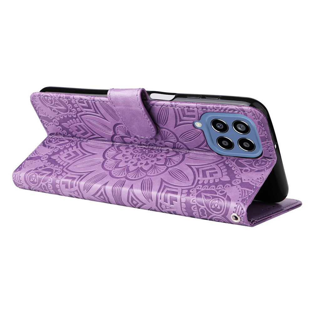 For Samsung Galaxy M33 5G (Global Version) Shockproof PU Leather Phone Case Magnetic Closure Sunflower Imprinted Stand Flip Wallet Cover with Strap - Purple