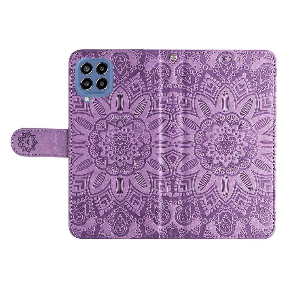 For Samsung Galaxy M33 5G (Global Version) Shockproof PU Leather Phone Case Magnetic Closure Sunflower Imprinted Stand Flip Wallet Cover with Strap - Purple