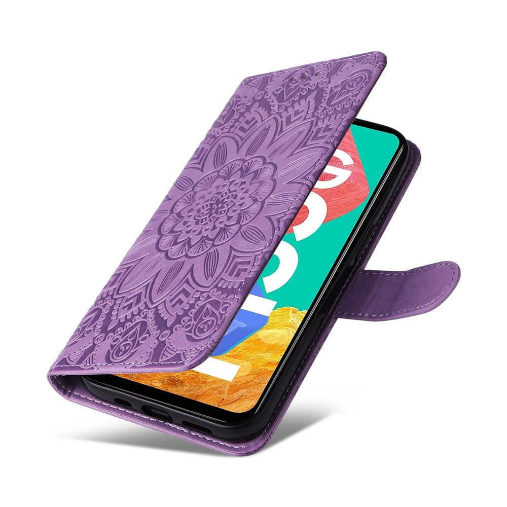For Samsung Galaxy M33 5G (Global Version) Shockproof PU Leather Phone Case Magnetic Closure Sunflower Imprinted Stand Flip Wallet Cover with Strap - Purple