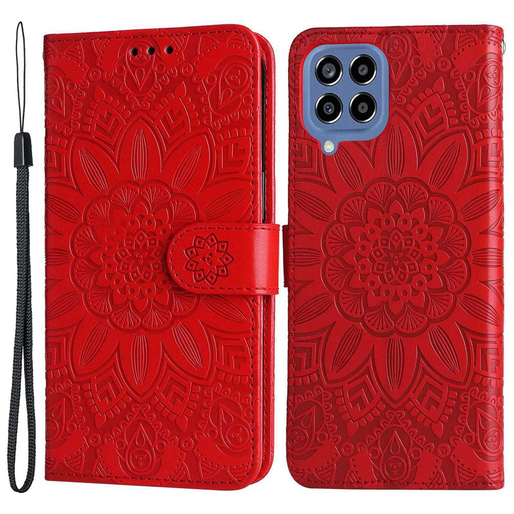 For Samsung Galaxy M33 5G (Global Version) Shockproof PU Leather Phone Case Magnetic Closure Sunflower Imprinted Stand Flip Wallet Cover with Strap - Red