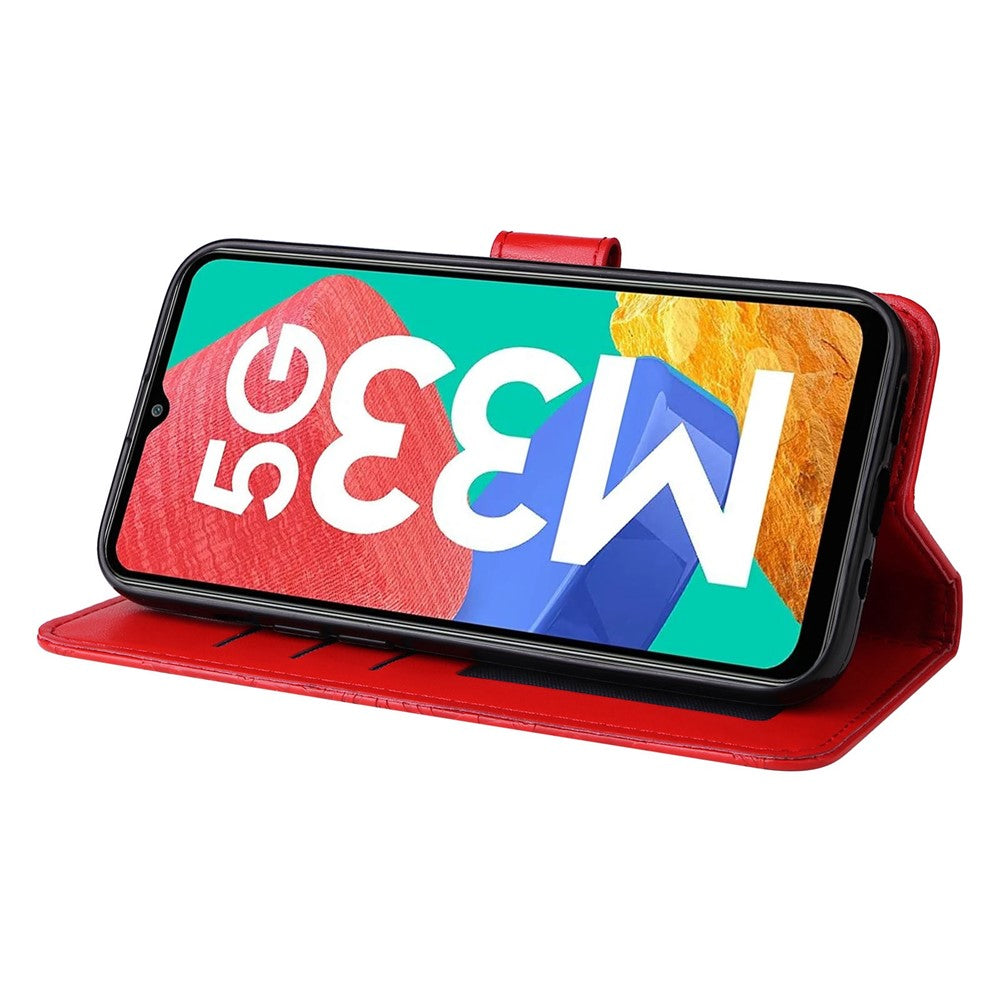 For Samsung Galaxy M33 5G (Global Version) Shockproof PU Leather Phone Case Magnetic Closure Sunflower Imprinted Stand Flip Wallet Cover with Strap - Red