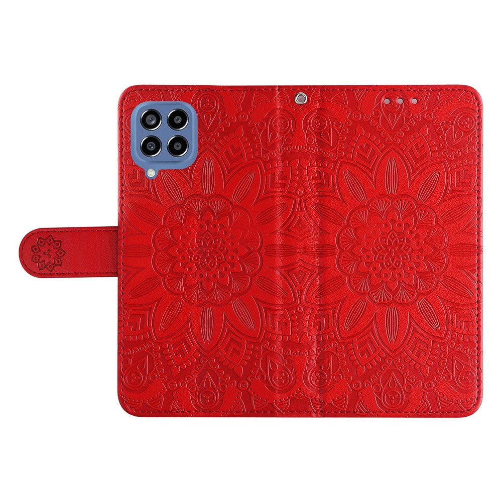 For Samsung Galaxy M33 5G (Global Version) Shockproof PU Leather Phone Case Magnetic Closure Sunflower Imprinted Stand Flip Wallet Cover with Strap - Red
