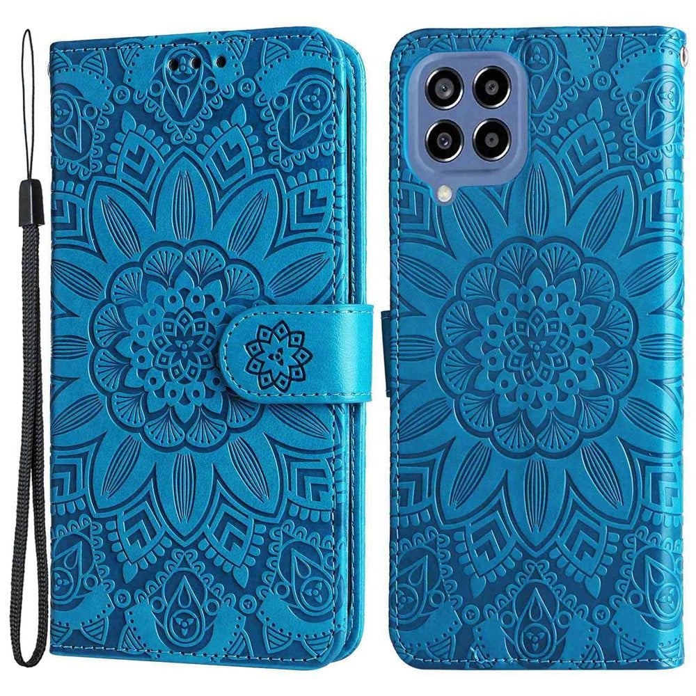 For Samsung Galaxy M33 5G (Global Version) Shockproof PU Leather Phone Case Magnetic Closure Sunflower Imprinted Stand Flip Wallet Cover with Strap - Blue