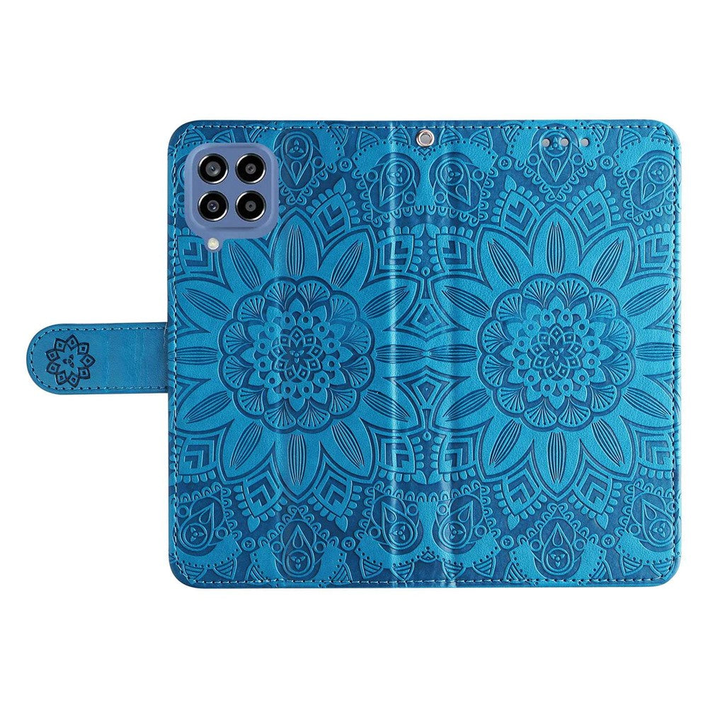 For Samsung Galaxy M33 5G (Global Version) Shockproof PU Leather Phone Case Magnetic Closure Sunflower Imprinted Stand Flip Wallet Cover with Strap - Blue