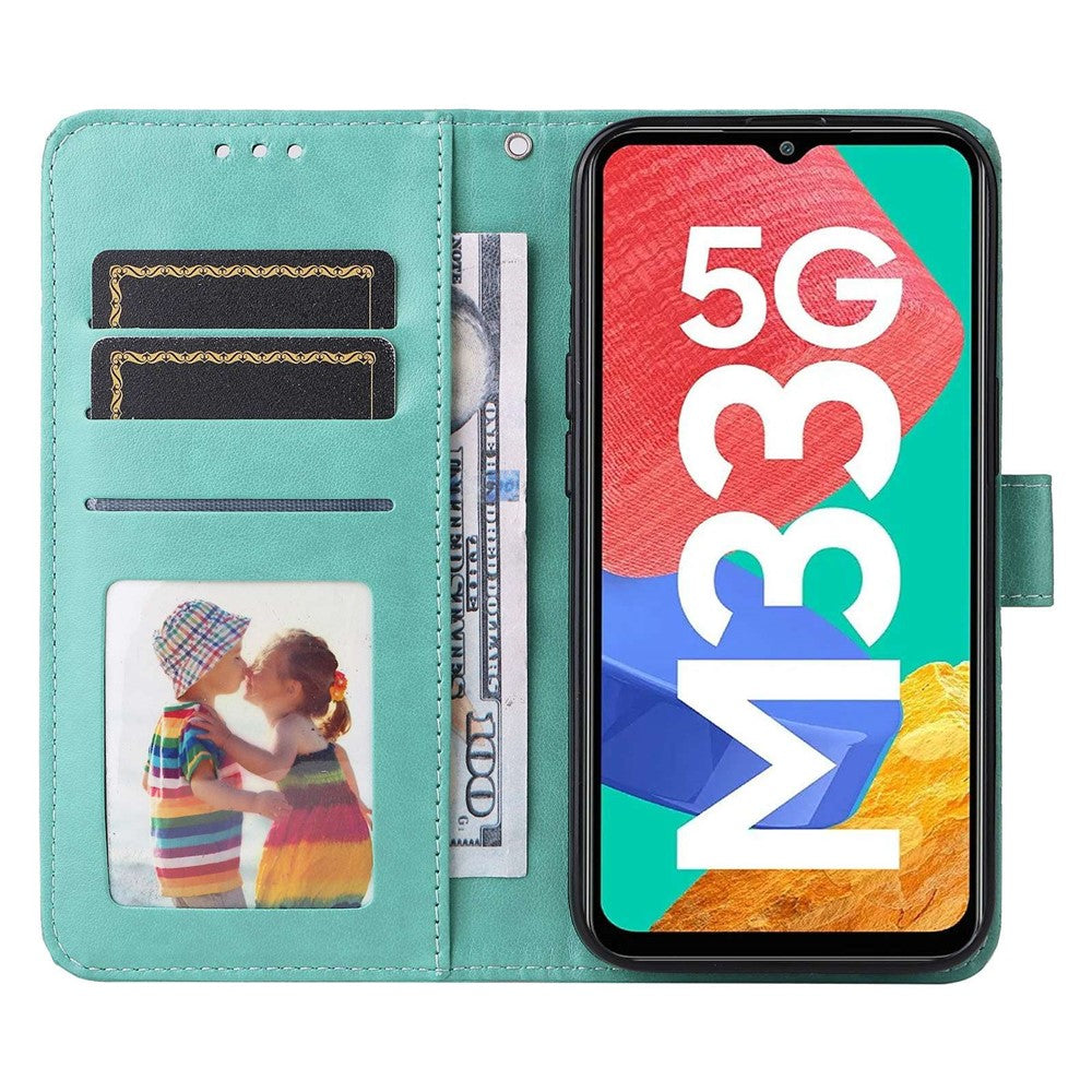 For Samsung Galaxy M33 5G (Global Version) Shockproof PU Leather Phone Case Magnetic Closure Sunflower Imprinted Stand Flip Wallet Cover with Strap - Green