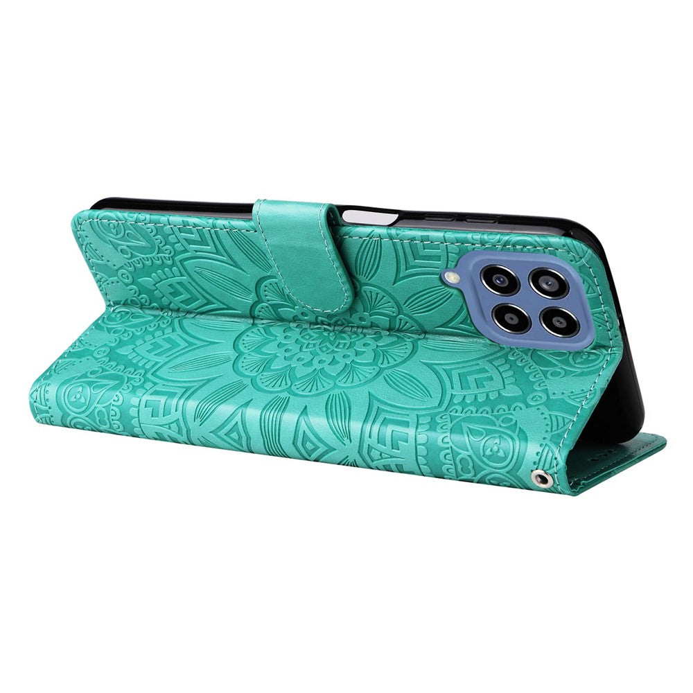 For Samsung Galaxy M33 5G (Global Version) Shockproof PU Leather Phone Case Magnetic Closure Sunflower Imprinted Stand Flip Wallet Cover with Strap - Green