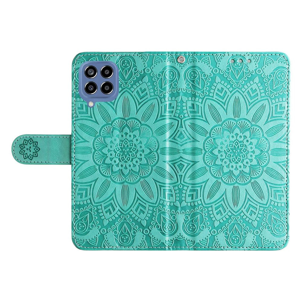 For Samsung Galaxy M33 5G (Global Version) Shockproof PU Leather Phone Case Magnetic Closure Sunflower Imprinted Stand Flip Wallet Cover with Strap - Green