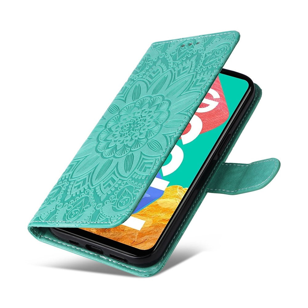 For Samsung Galaxy M33 5G (Global Version) Shockproof PU Leather Phone Case Magnetic Closure Sunflower Imprinted Stand Flip Wallet Cover with Strap - Green