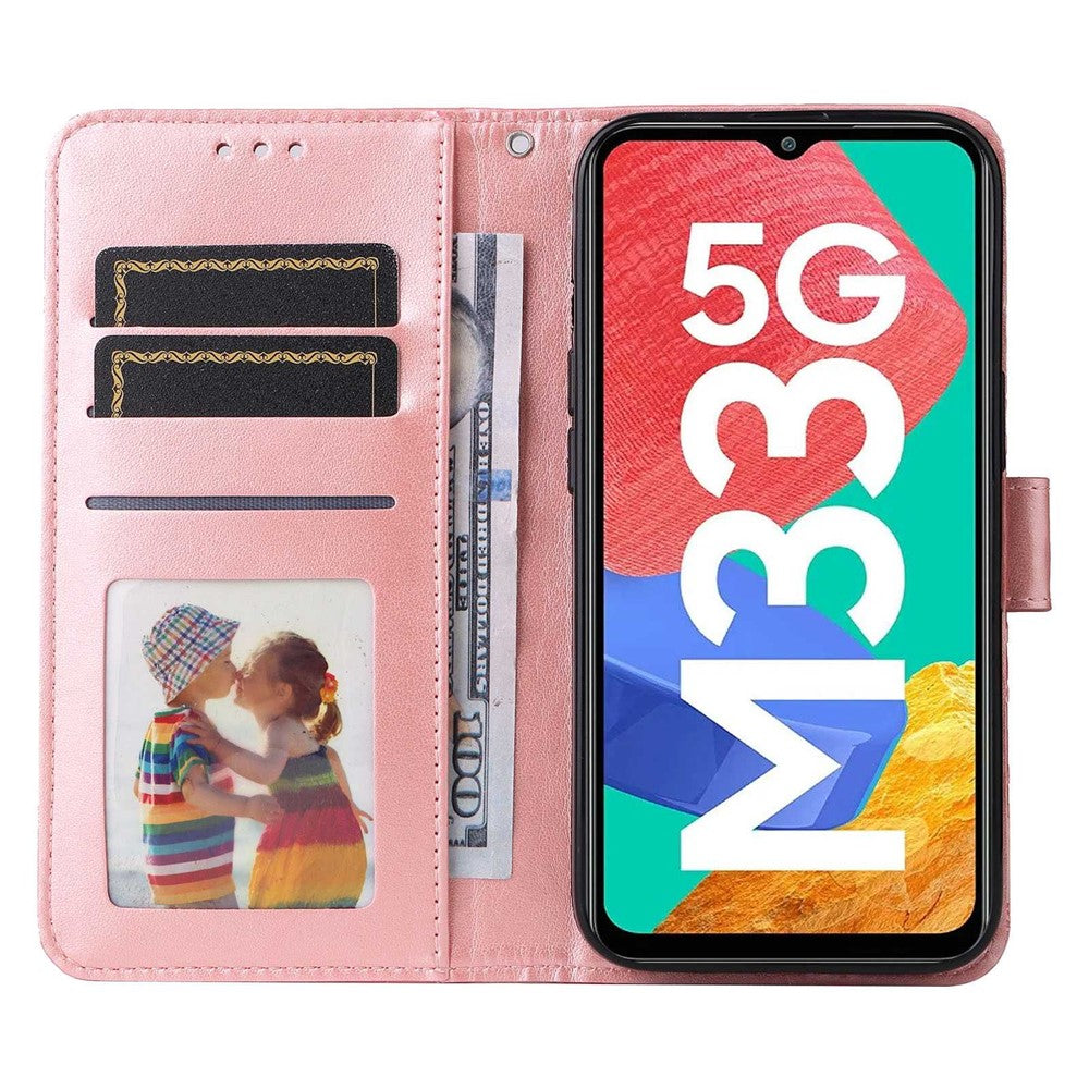For Samsung Galaxy M33 5G (Global Version) Shockproof PU Leather Phone Case Magnetic Closure Sunflower Imprinted Stand Flip Wallet Cover with Strap - Pink