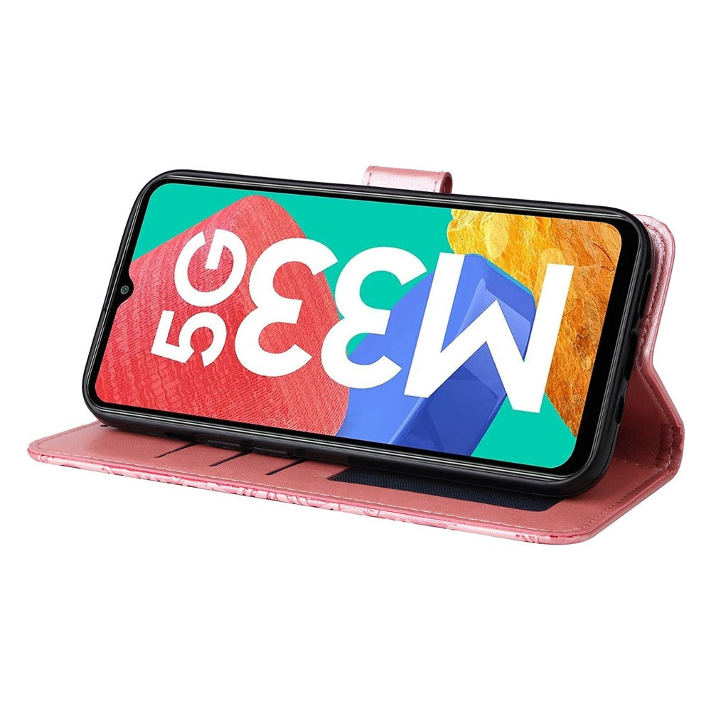 For Samsung Galaxy M33 5G (Global Version) Shockproof PU Leather Phone Case Magnetic Closure Sunflower Imprinted Stand Flip Wallet Cover with Strap - Pink