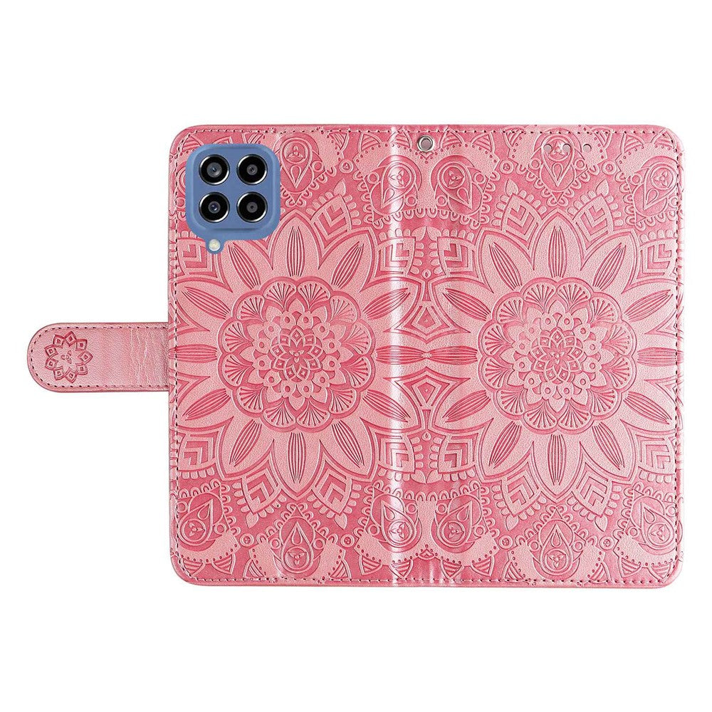 For Samsung Galaxy M33 5G (Global Version) Shockproof PU Leather Phone Case Magnetic Closure Sunflower Imprinted Stand Flip Wallet Cover with Strap - Pink
