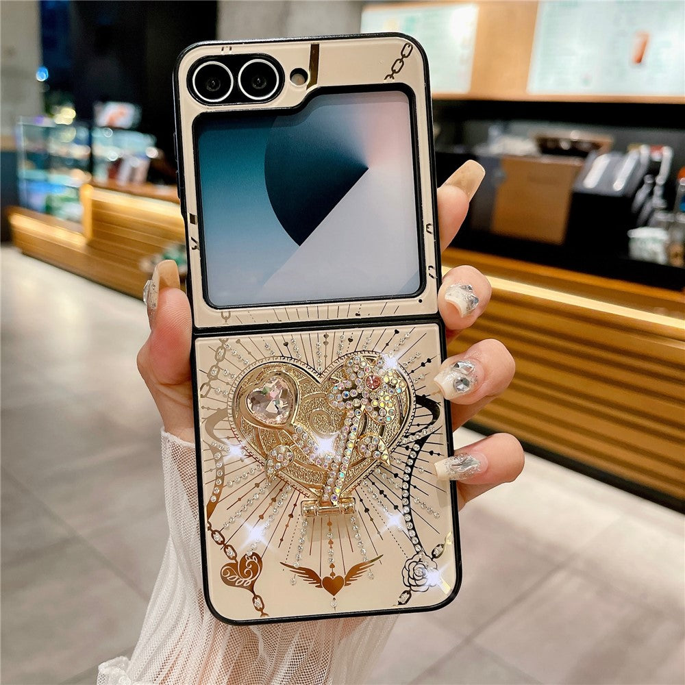 For Samsung Galaxy Z Flip7 FE 5G / Z Flip6 5G Case Kickstand TPU+PC Rhinestones Decor Phone Cover - Rose Gold