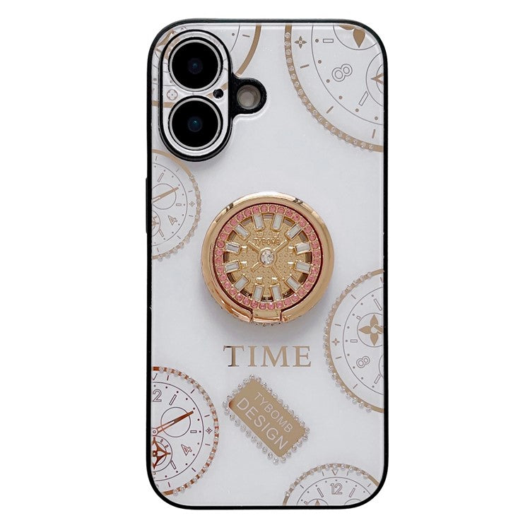 For iPhone 16 Case Clock Motifs TPU+PC Phone Cover with Rhinestones Decor Ring Kickstand - White
